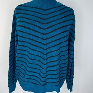 Liz Claiborne Sweater Womens 2XL Teal Black Stripe Mock Neck Pullover Soft